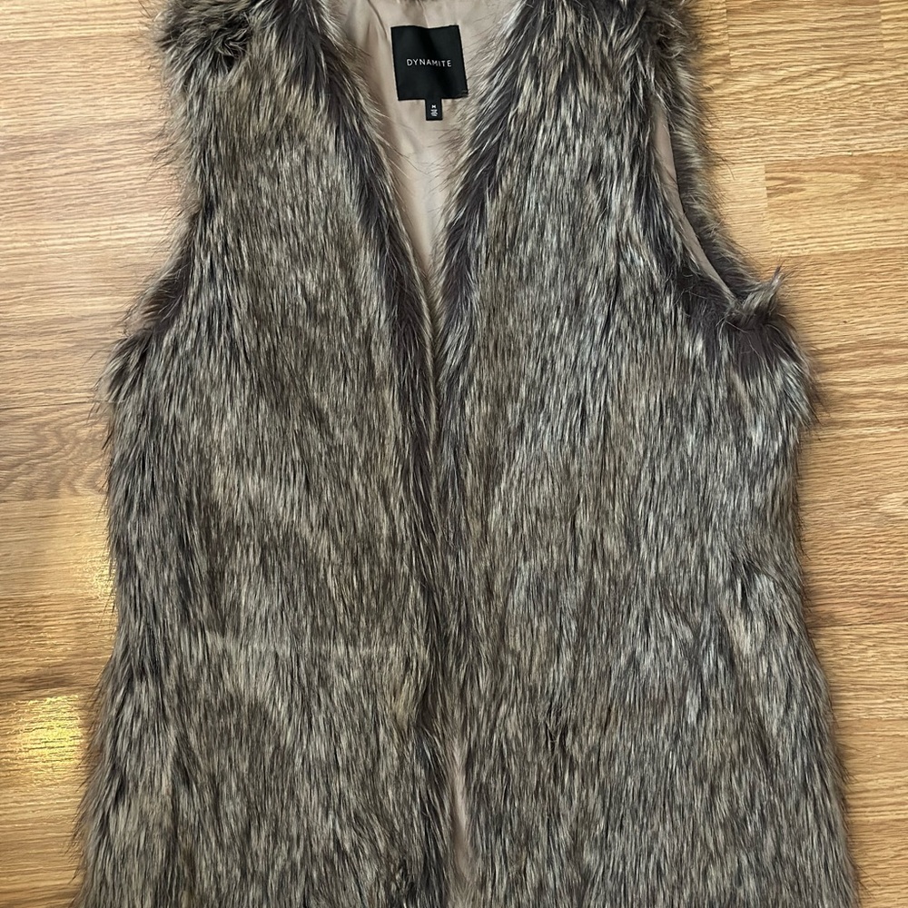 Dynamite brown-grey Faux Fur Vest Shaggy Texture Open Front
